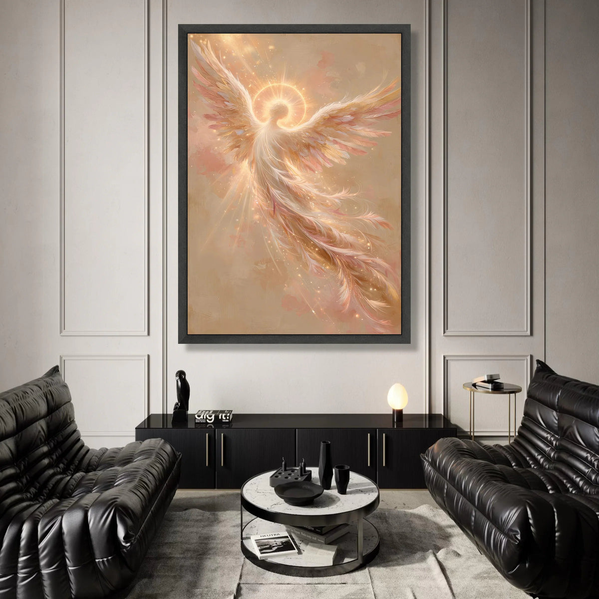 Radiant Angel Wings Canvas, Glowing Halo Wall Art, Spiritual Home Decoration, Ethereal Feather Design, Inspirational Canvas Canvas Print Art