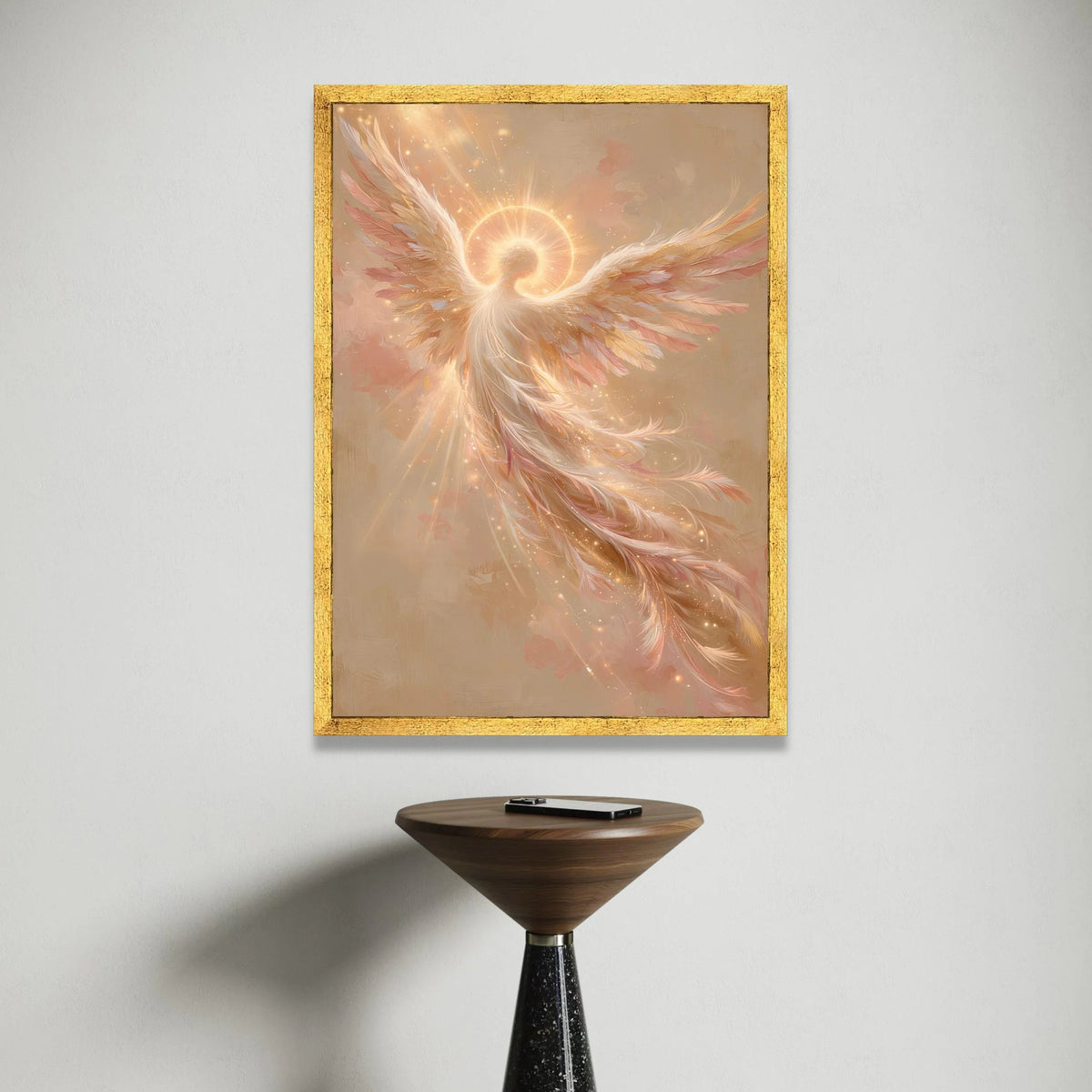 Radiant Angel Wings Canvas, Glowing Halo Wall Art, Spiritual Home Decoration, Ethereal Feather Design, Inspirational Canvas Canvas Print Art