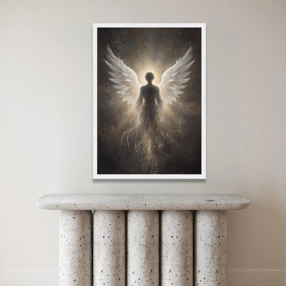 Radiant Angel Silhouette Canvas, Spiritual Winged Figure Wall Art, Heavenly Light Canvas Decoration, Mystical Home Art Canvas Print Art