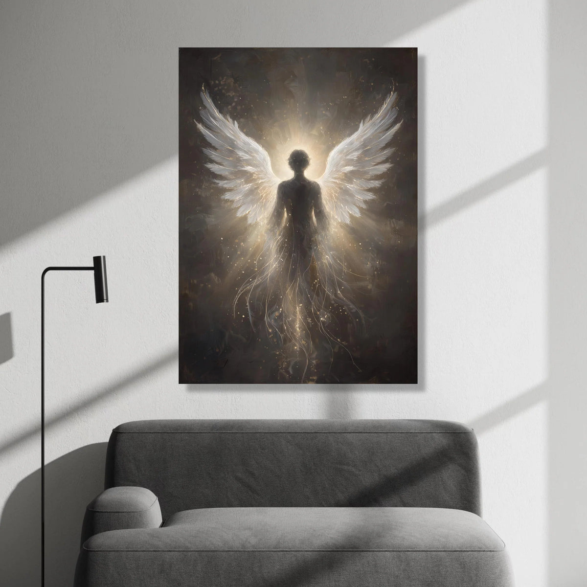 Radiant Angel Silhouette Canvas, Spiritual Winged Figure Wall Art, Heavenly Light Canvas Decoration, Mystical Home Art Canvas Print Art