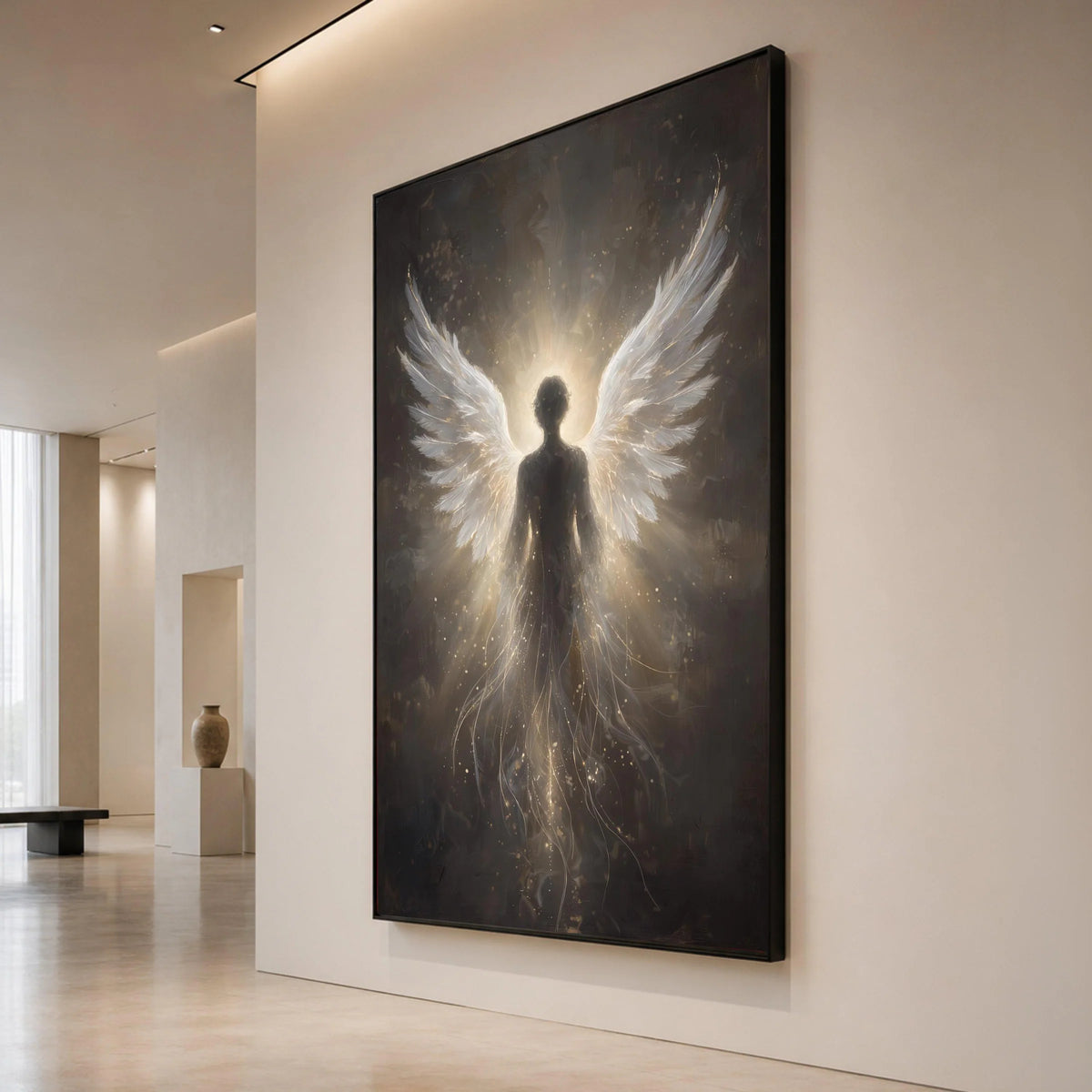 Radiant Angel Silhouette Canvas, Spiritual Winged Figure Wall Art, Heavenly Light Canvas Decoration, Mystical Home Art Canvas Print Art