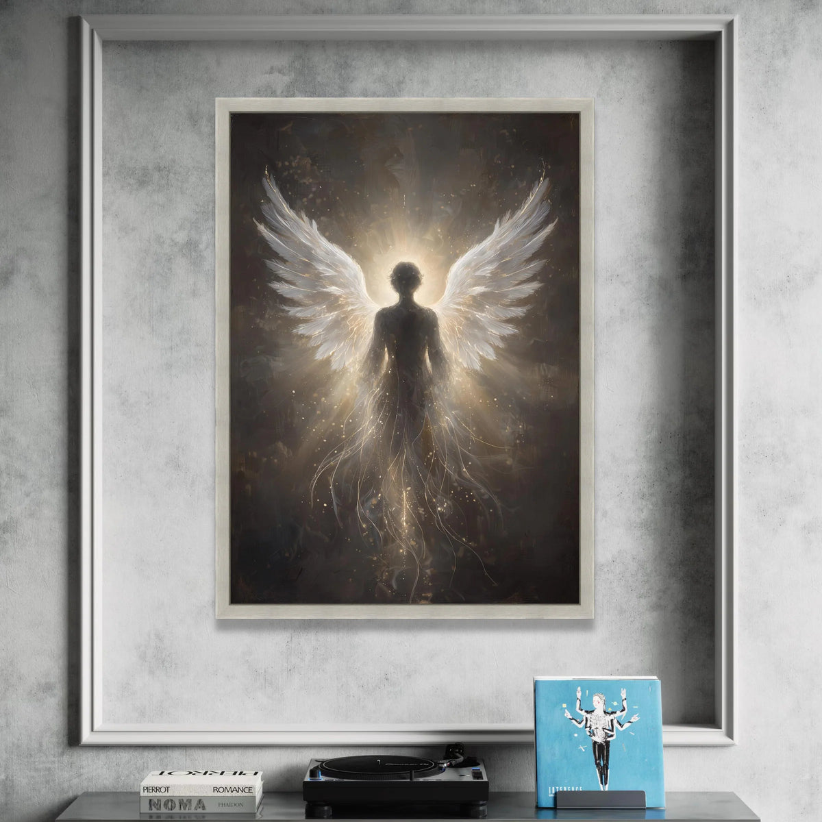Radiant Angel Silhouette Canvas, Spiritual Winged Figure Wall Art, Heavenly Light Canvas Decoration, Mystical Home Art Canvas Print Art