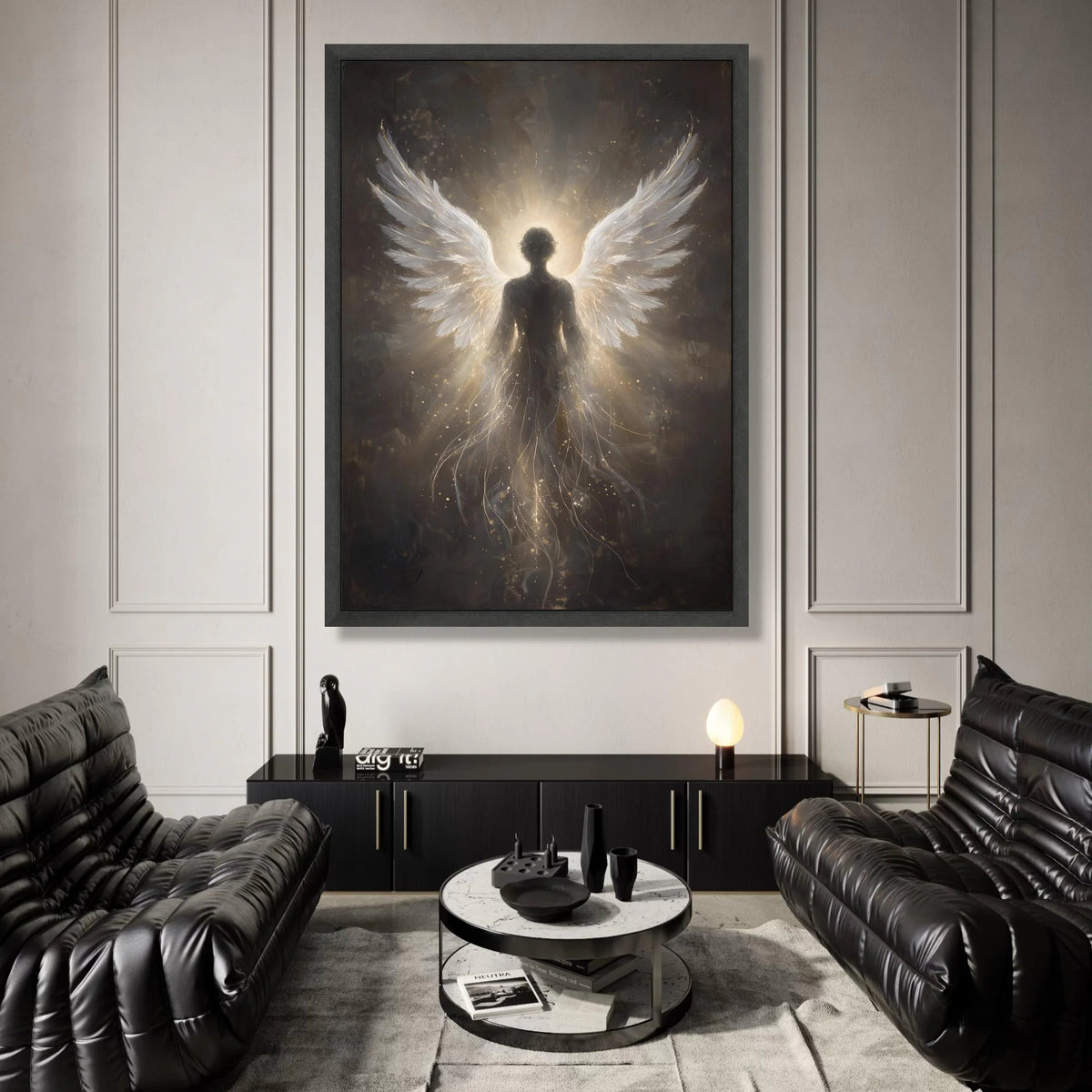Radiant Angel Silhouette Canvas, Spiritual Winged Figure Wall Art, Heavenly Light Canvas Decoration, Mystical Home Art Canvas Print Art