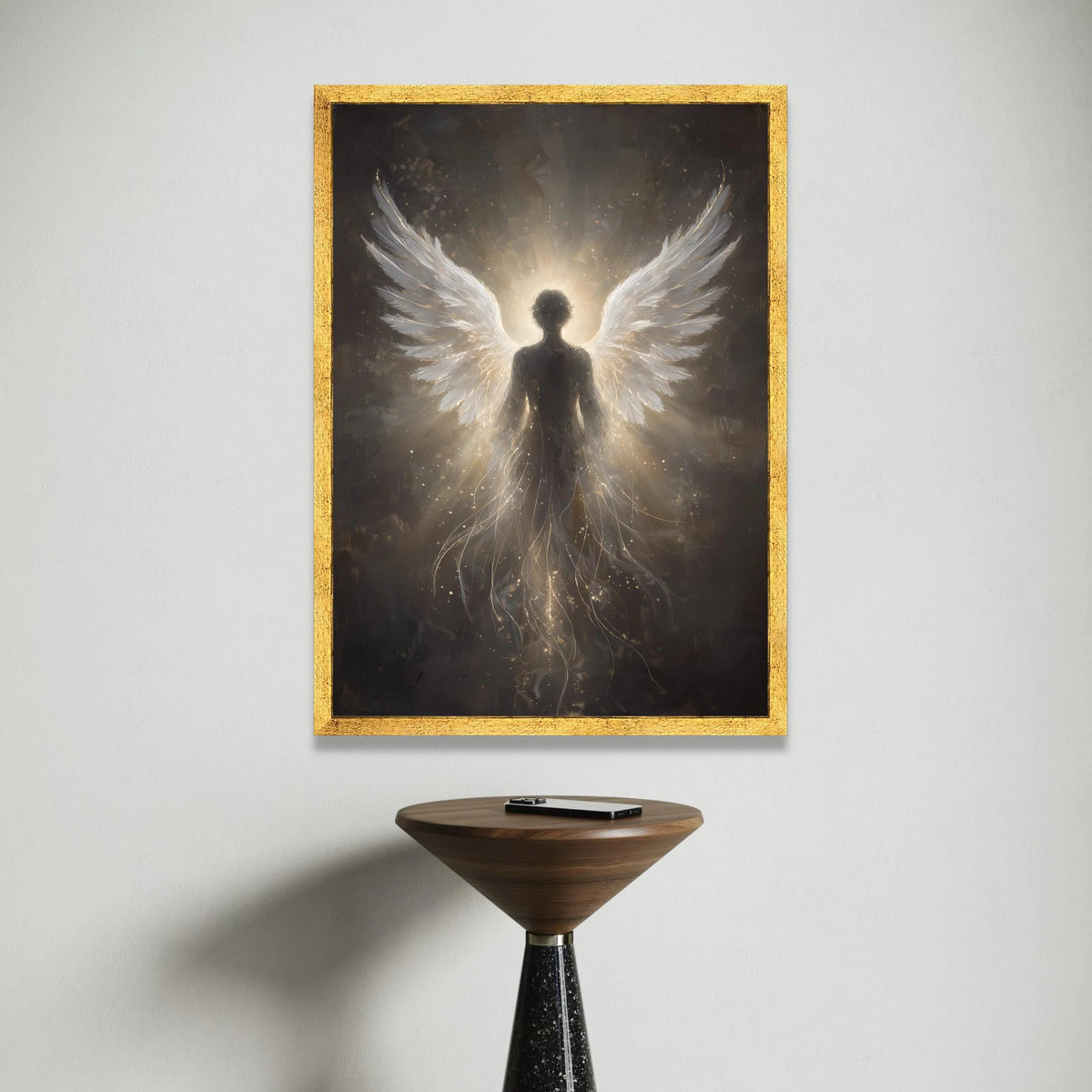 Radiant Angel Silhouette Canvas, Spiritual Winged Figure Wall Art, Heavenly Light Canvas Decoration, Mystical Home Art Canvas Print Art
