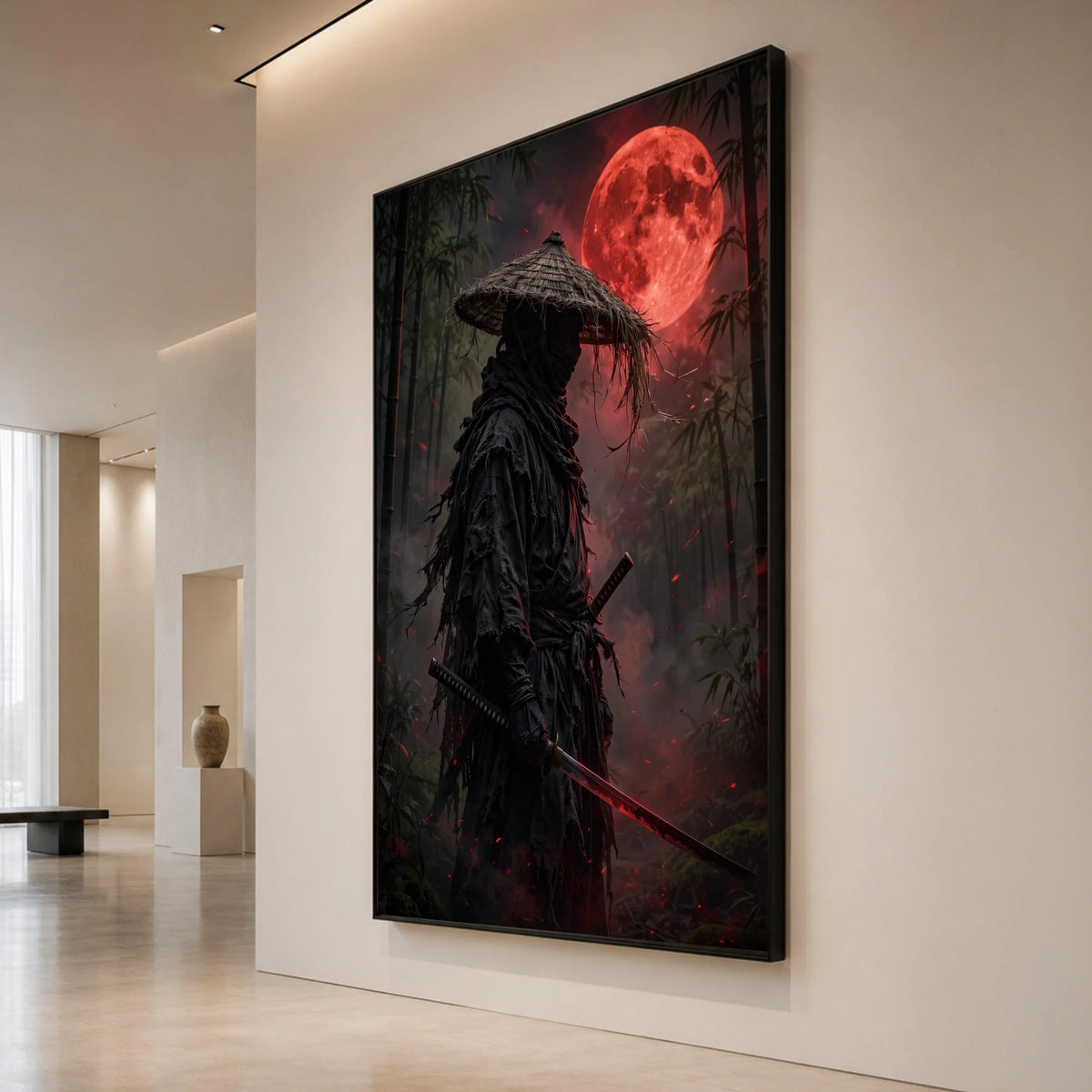 Dark Samurai Warrior Canvas Wall Art, Blood Moon Landscape, Japanese Sword Canvas, Bamboo Forest Night Scene, Mystical Wall Canvas Print Art