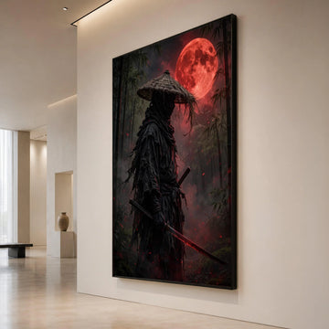 Dark Samurai Warrior Canvas Wall Art, Blood Moon Landscape, Japanese Sword Canvas, Bamboo Forest Night Scene, Mystical Wall Canvas Print Art