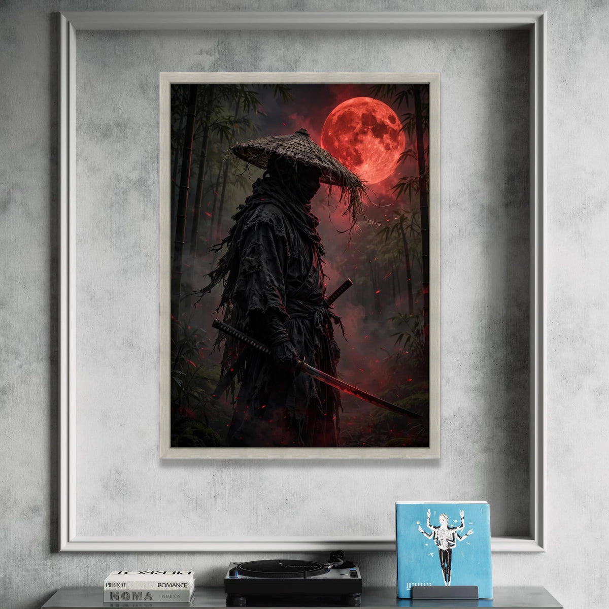 Dark Samurai Warrior Canvas Wall Art, Blood Moon Landscape, Japanese Sword Canvas, Bamboo Forest Night Scene, Mystical Wall Canvas Print Art