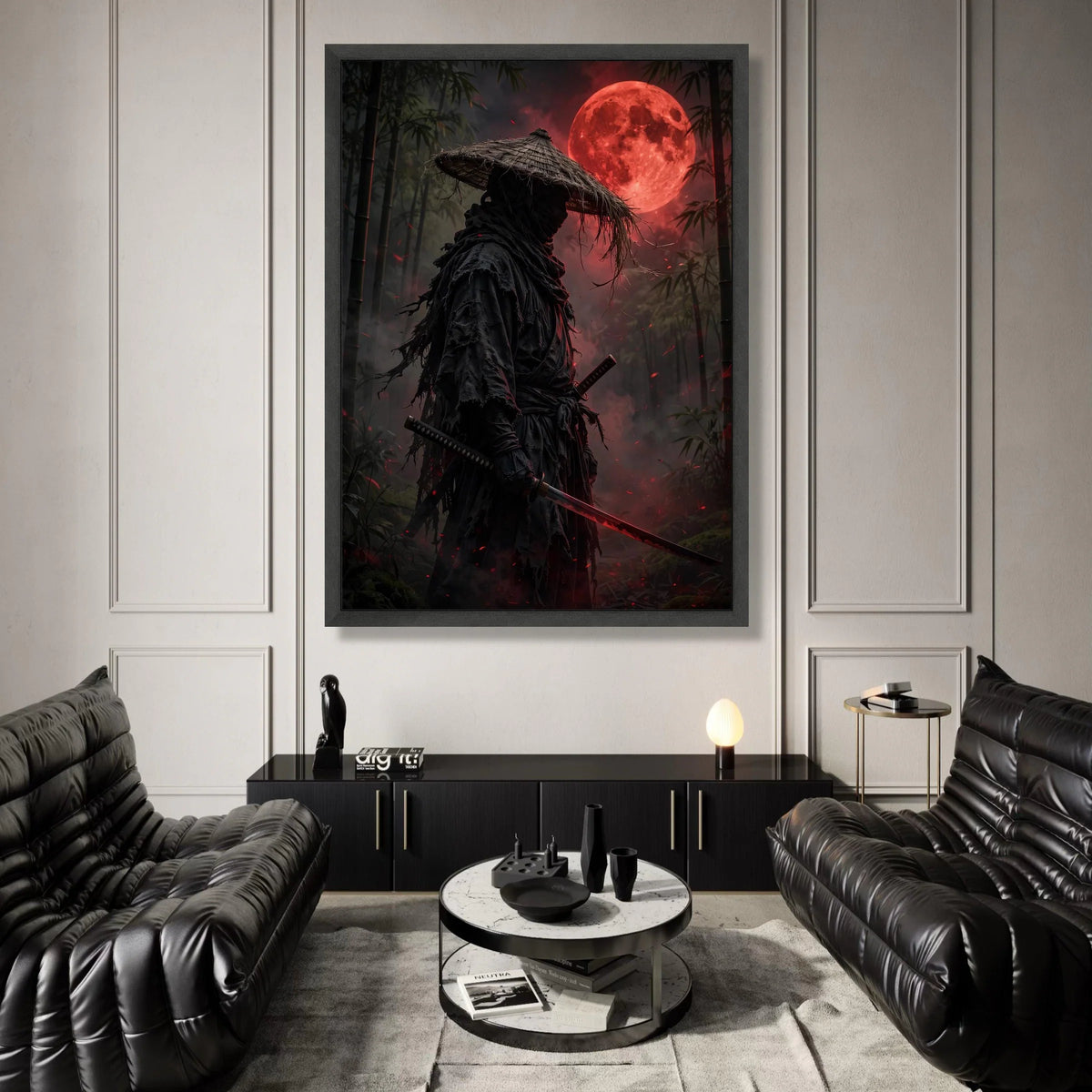 Dark Samurai Warrior Canvas Wall Art, Blood Moon Landscape, Japanese Sword Canvas, Bamboo Forest Night Scene, Mystical Wall Canvas Print Art