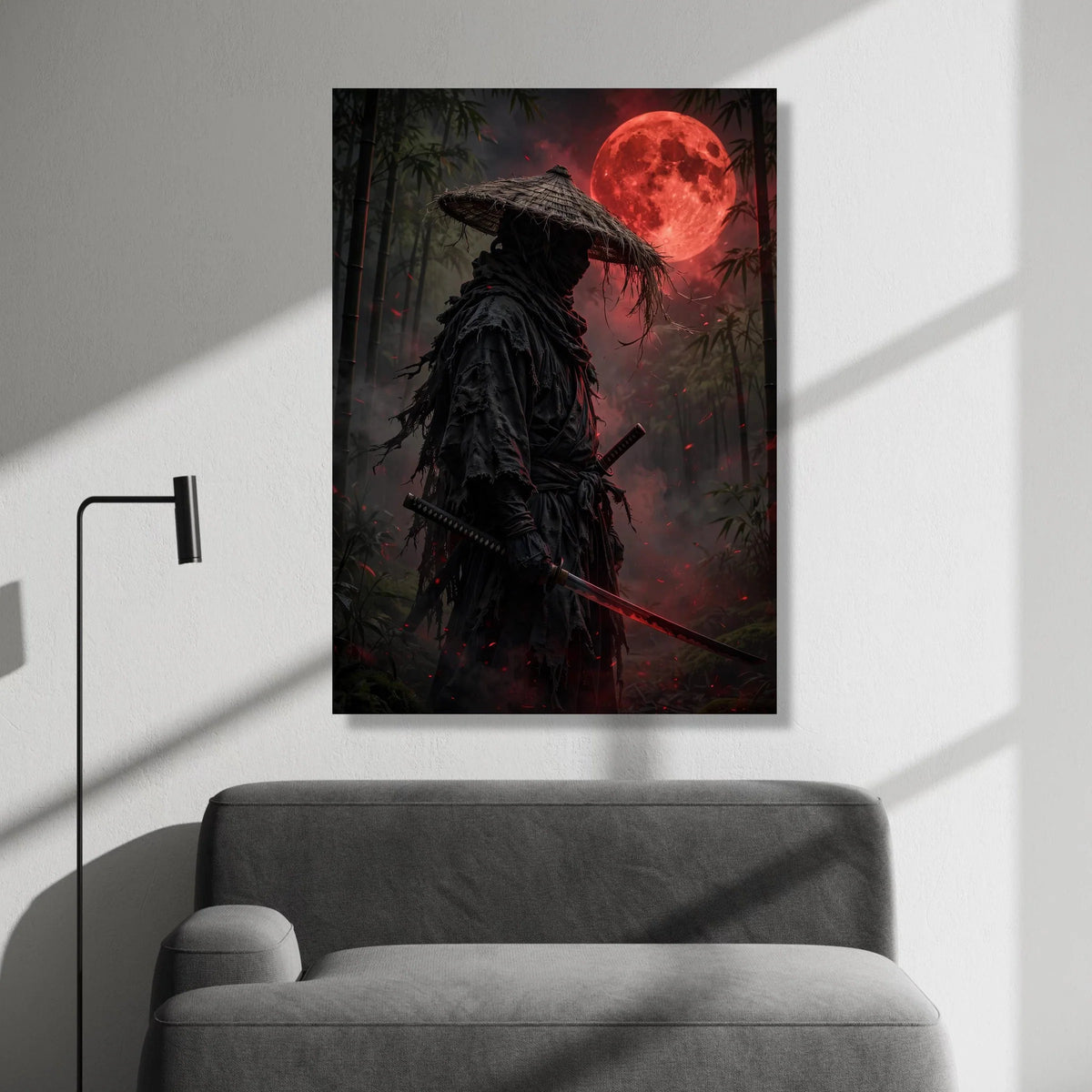 Dark Samurai Warrior Canvas Wall Art, Blood Moon Landscape, Japanese Sword Canvas, Bamboo Forest Night Scene, Mystical Wall Canvas Print Art