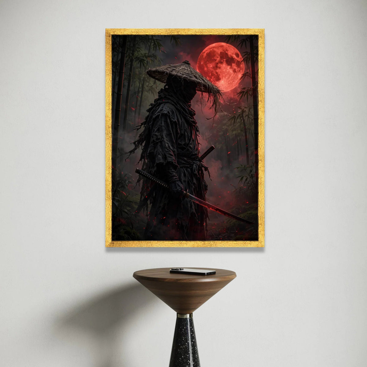 Dark Samurai Warrior Canvas Wall Art, Blood Moon Landscape, Japanese Sword Canvas, Bamboo Forest Night Scene, Mystical Wall Canvas Print Art
