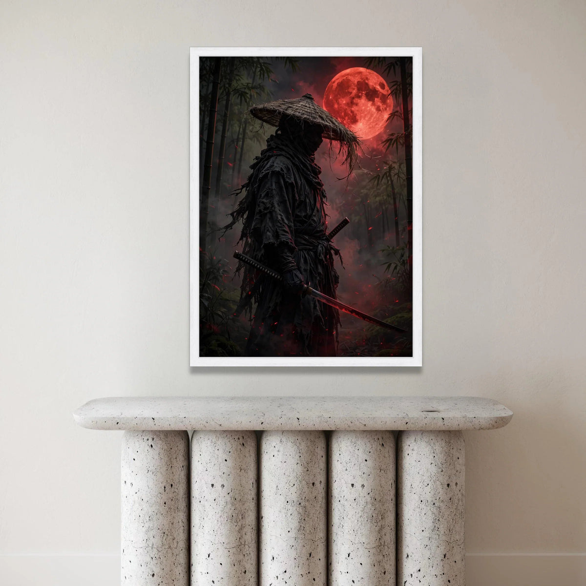 Dark Samurai Warrior Canvas Wall Art, Blood Moon Landscape, Japanese Sword Canvas, Bamboo Forest Night Scene, Mystical Wall Canvas Print Art