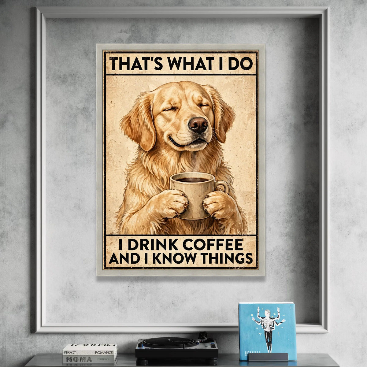 Golden Retriever with Coffee Mug Canvas, Funny Dog Wall Art, Humorous Coffee Quote Canvas, Pet Lover Home Decoration, Canvas Print Art