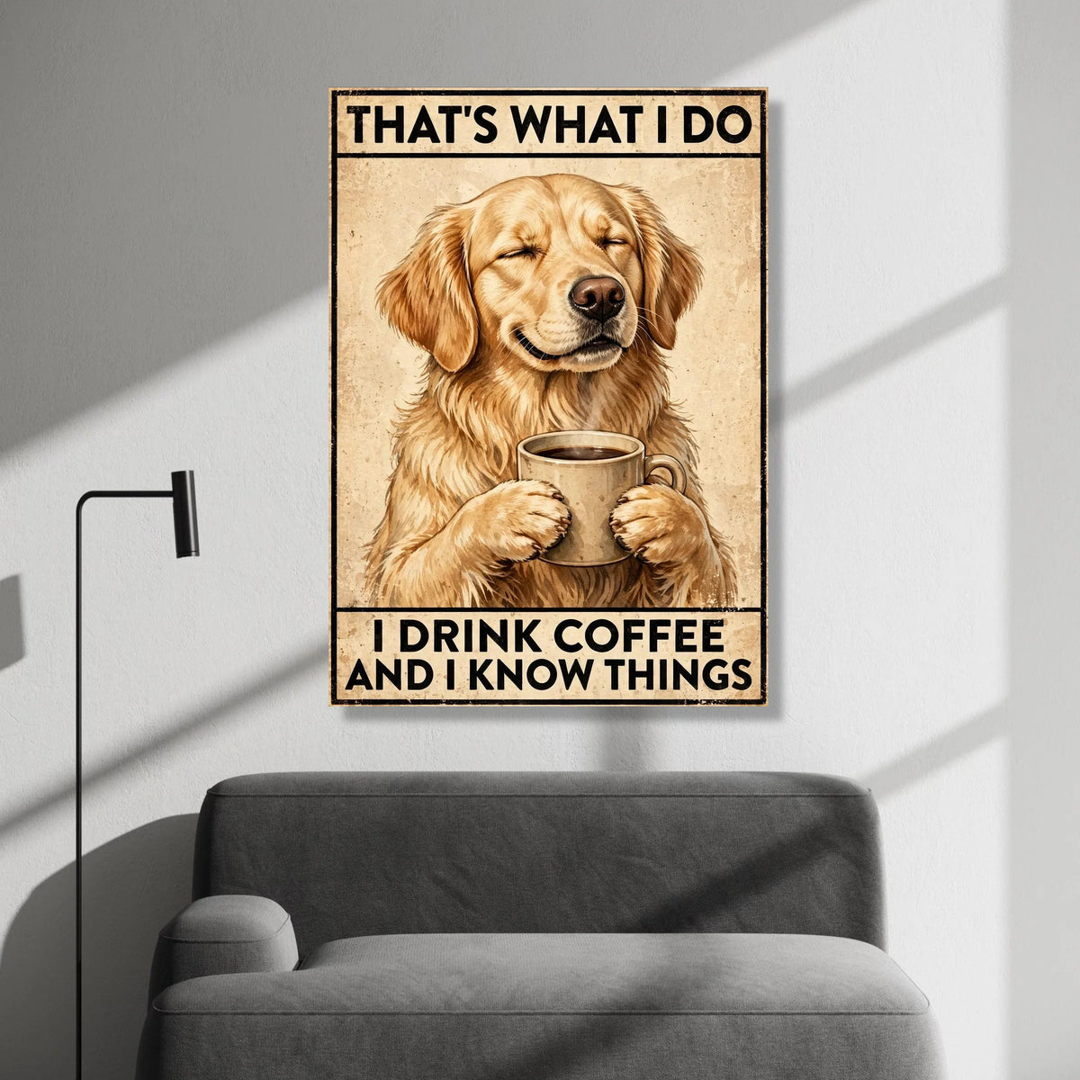 Golden Retriever with Coffee Mug Canvas, Funny Dog Wall Art, Humorous Coffee Quote Canvas, Pet Lover Home Decoration, Canvas Print Art