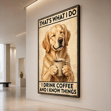 Golden Retriever with Coffee Mug Canvas, Funny Dog Wall Art, Humorous Coffee Quote Canvas, Pet Lover Home Decoration, Canvas Print Art