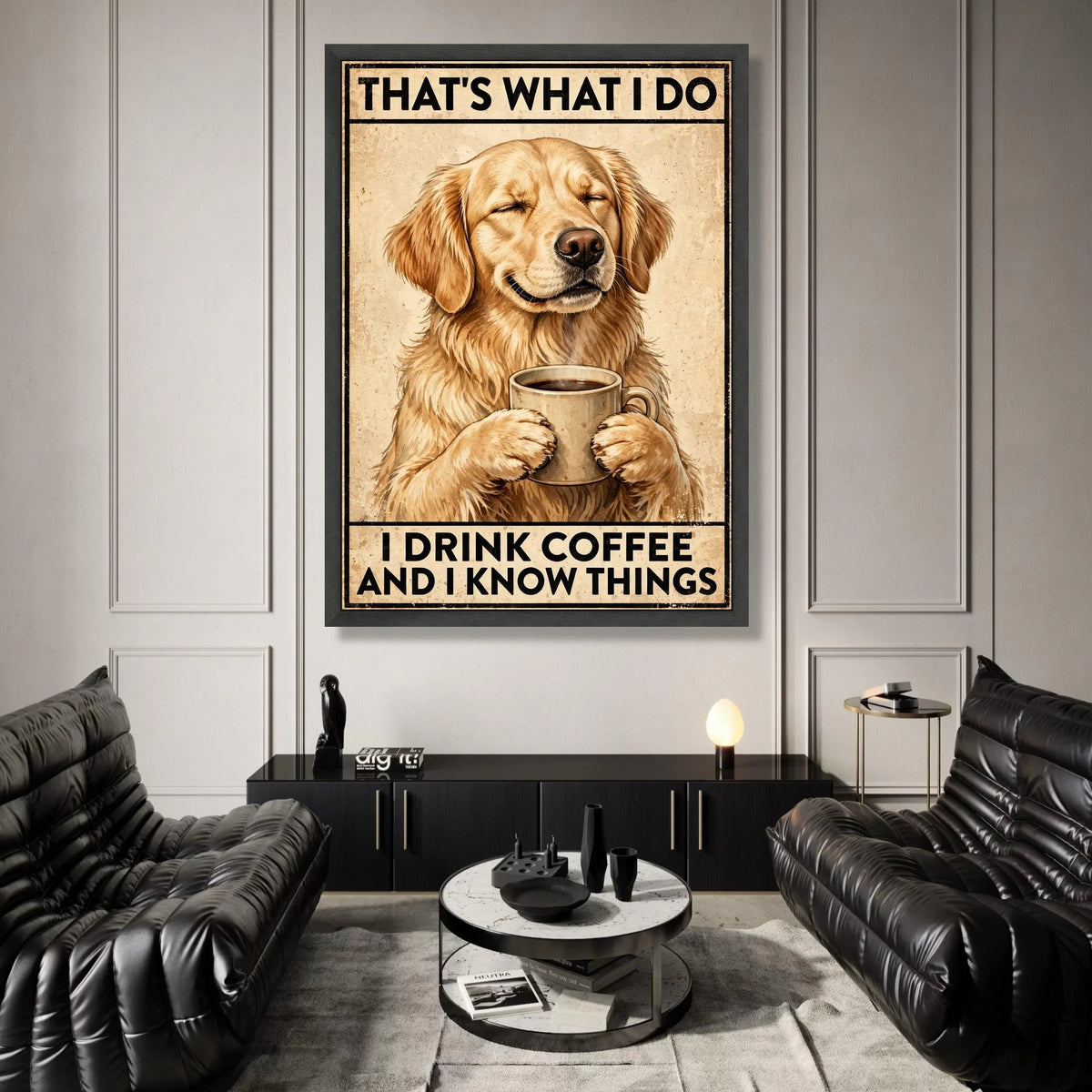Golden Retriever with Coffee Mug Canvas, Funny Dog Wall Art, Humorous Coffee Quote Canvas, Pet Lover Home Decoration, Canvas Print Art
