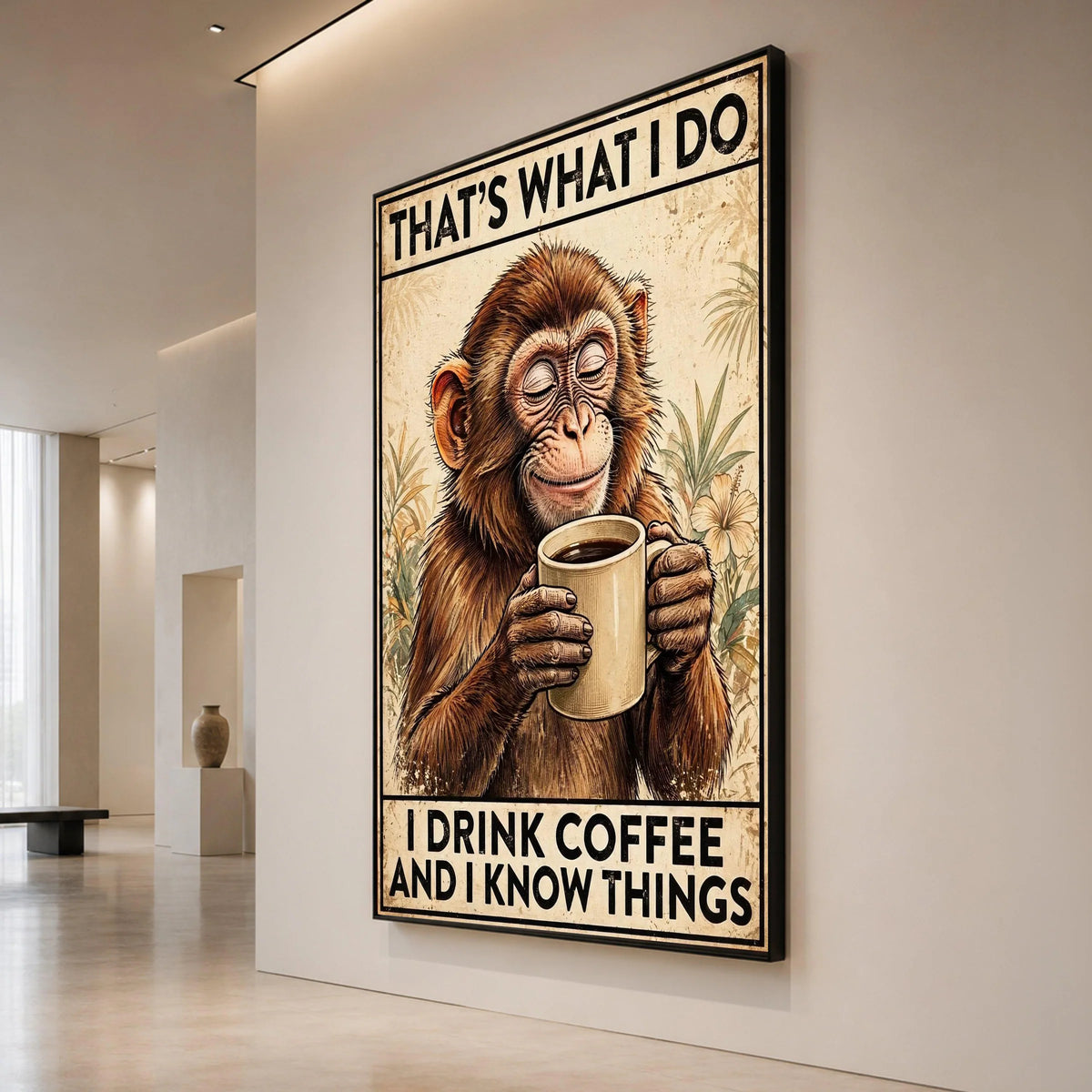 Wise Monkey with Coffee Cup Canvas, Funny Coffee Quote Wall Art, Animal Illustration Canvas, Relaxed Home Decor, Coffee Canvas Print Art