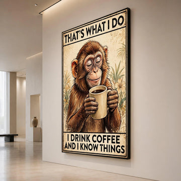 Wise Monkey with Coffee Cup Canvas, Funny Coffee Quote Wall Art, Animal Illustration Canvas, Relaxed Home Decor, Coffee Canvas Print Art