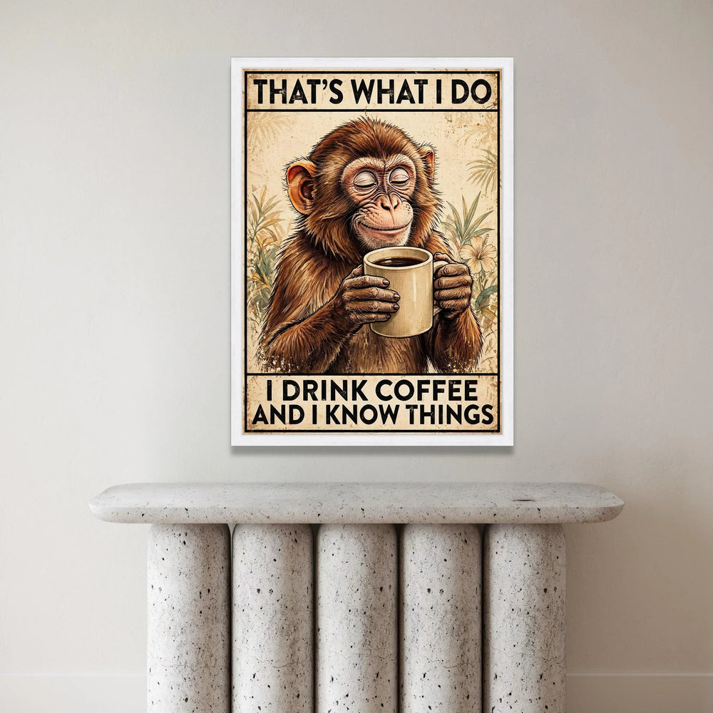 Wise Monkey with Coffee Cup Canvas, Funny Coffee Quote Wall Art, Animal Illustration Canvas, Relaxed Home Decor, Coffee Canvas Print Art