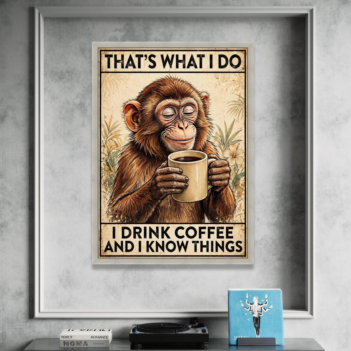 Wise Monkey with Coffee Cup Canvas, Funny Coffee Quote Wall Art, Animal Illustration Canvas, Relaxed Home Decor, Coffee Canvas Print Art