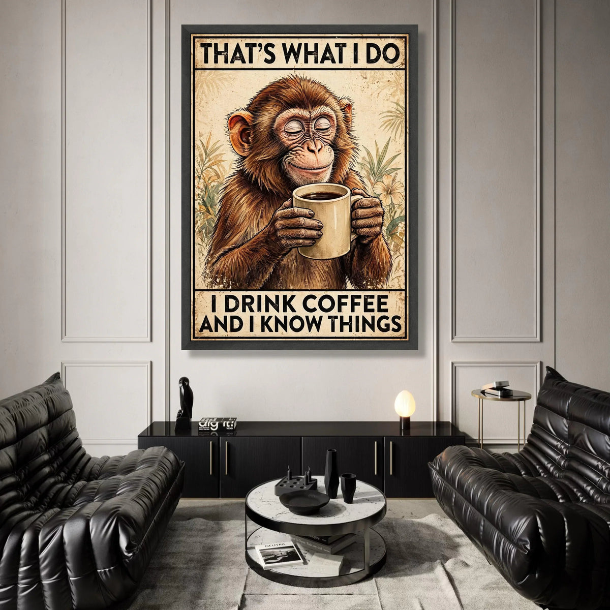 Wise Monkey with Coffee Cup Canvas, Funny Coffee Quote Wall Art, Animal Illustration Canvas, Relaxed Home Decor, Coffee Canvas Print Art
