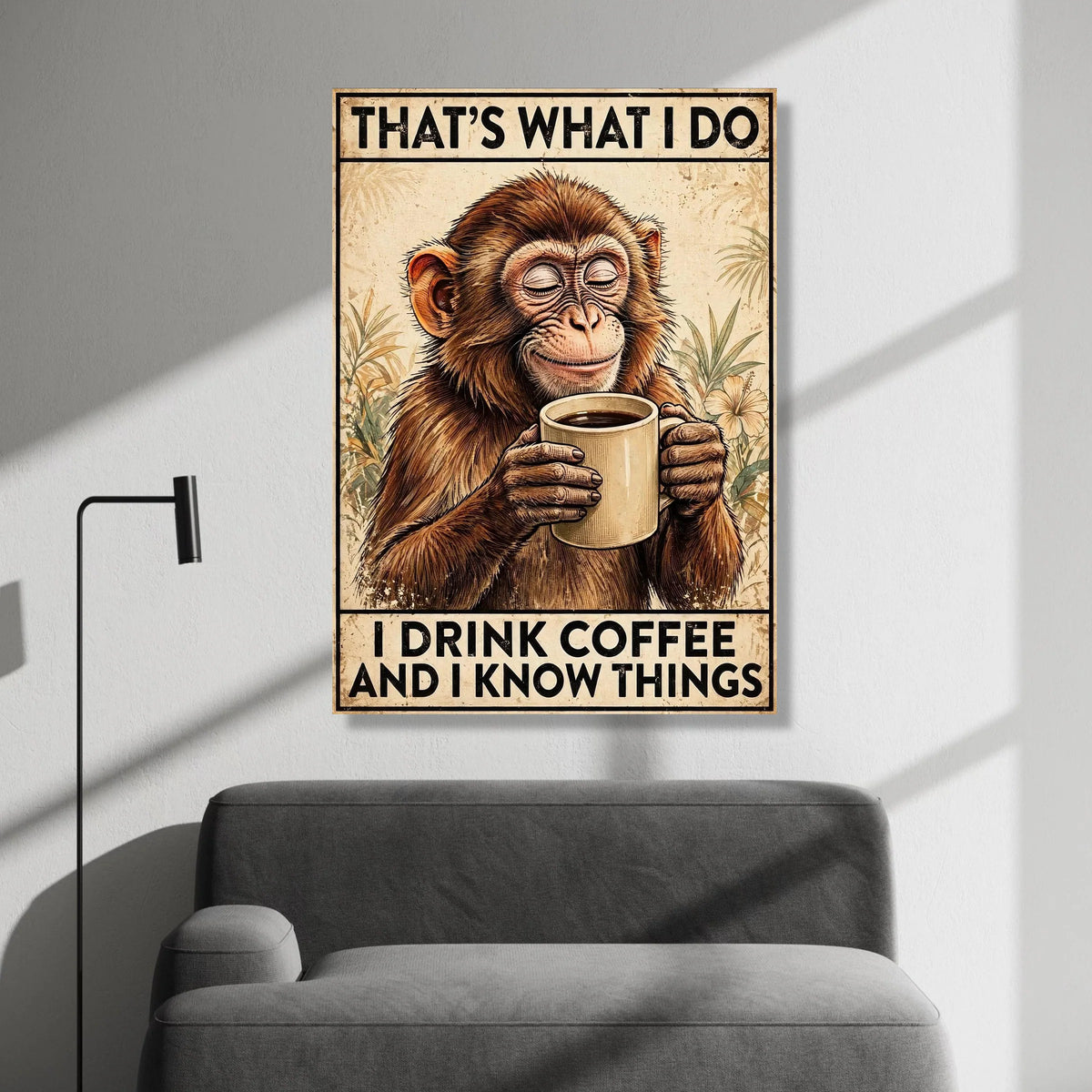 Wise Monkey with Coffee Cup Canvas, Funny Coffee Quote Wall Art, Animal Illustration Canvas, Relaxed Home Decor, Coffee Canvas Print Art