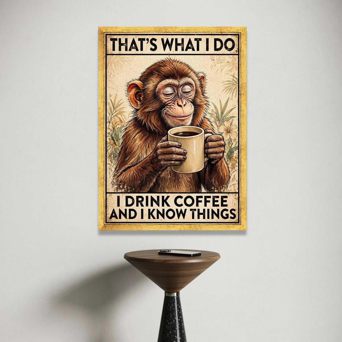 Wise Monkey with Coffee Cup Canvas, Funny Coffee Quote Wall Art, Animal Illustration Canvas, Relaxed Home Decor, Coffee Canvas Print Art