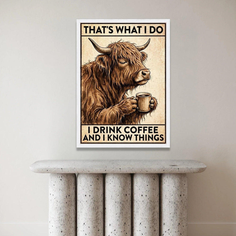 Humorous Highland Cow with Coffee Cup Canvas, Funny Animal Wall Art, Rustic Kitchen Decor, Coffee Lover Canvas, Cozy Home Canvas Print Art