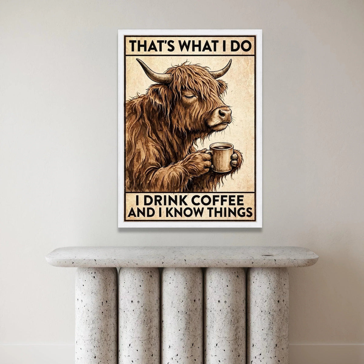 Humorous Highland Cow with Coffee Cup Canvas, Funny Animal Wall Art, Rustic Kitchen Decor, Coffee Lover Canvas, Cozy Home Canvas Print Art