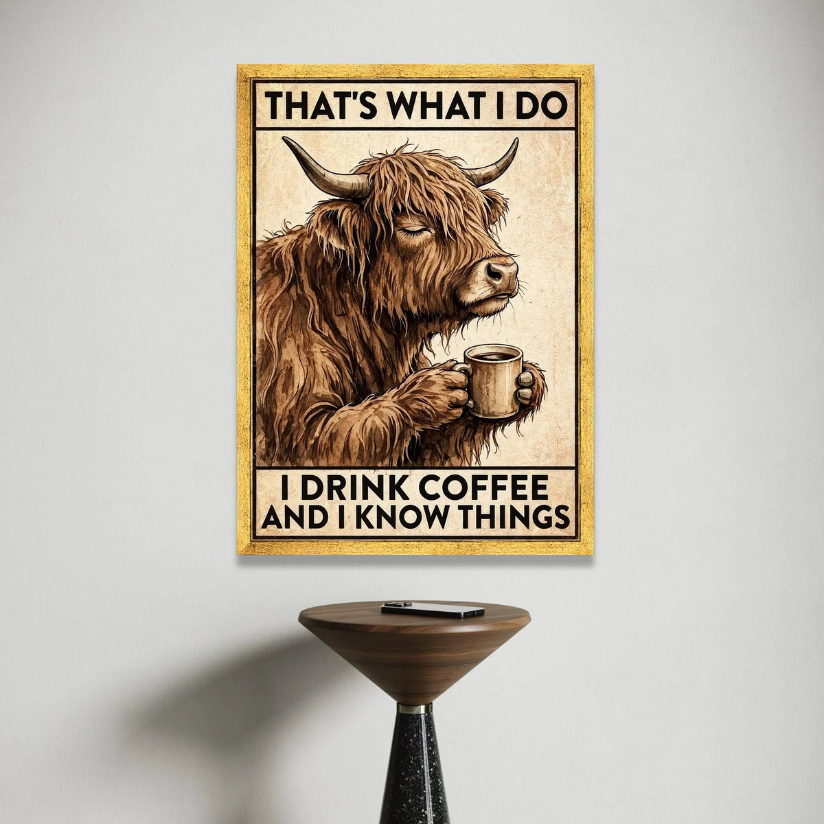 Humorous Highland Cow with Coffee Cup Canvas, Funny Animal Wall Art, Rustic Kitchen Decor, Coffee Lover Canvas, Cozy Home Canvas Print Art