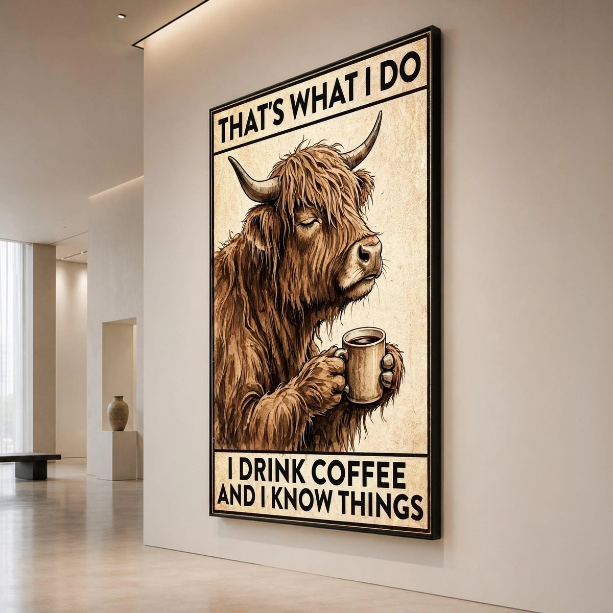 Humorous Highland Cow with Coffee Cup Canvas, Funny Animal Wall Art, Rustic Kitchen Decor, Coffee Lover Canvas, Cozy Home Canvas Print Art