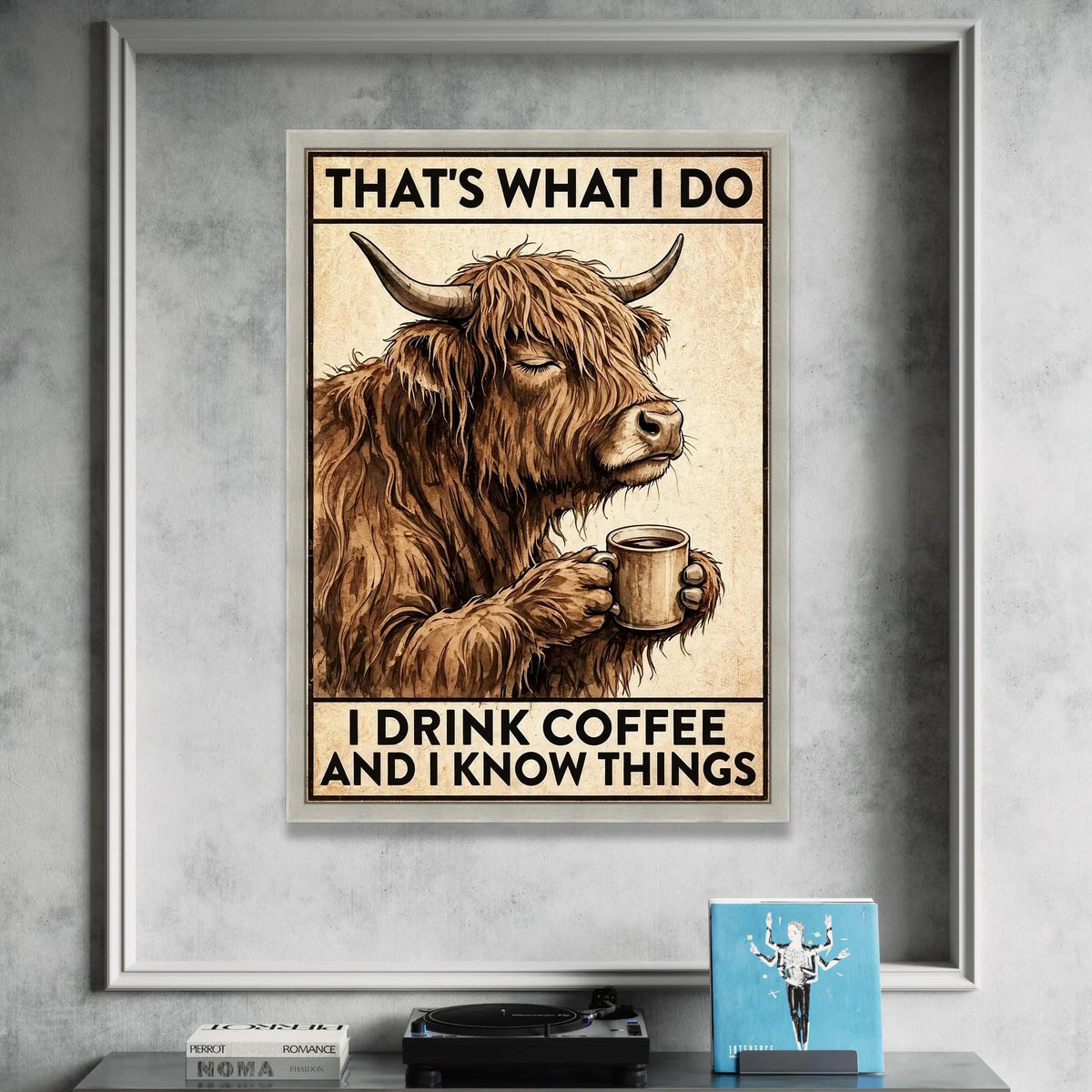 Humorous Highland Cow with Coffee Cup Canvas, Funny Animal Wall Art, Rustic Kitchen Decor, Coffee Lover Canvas, Cozy Home Canvas Print Art