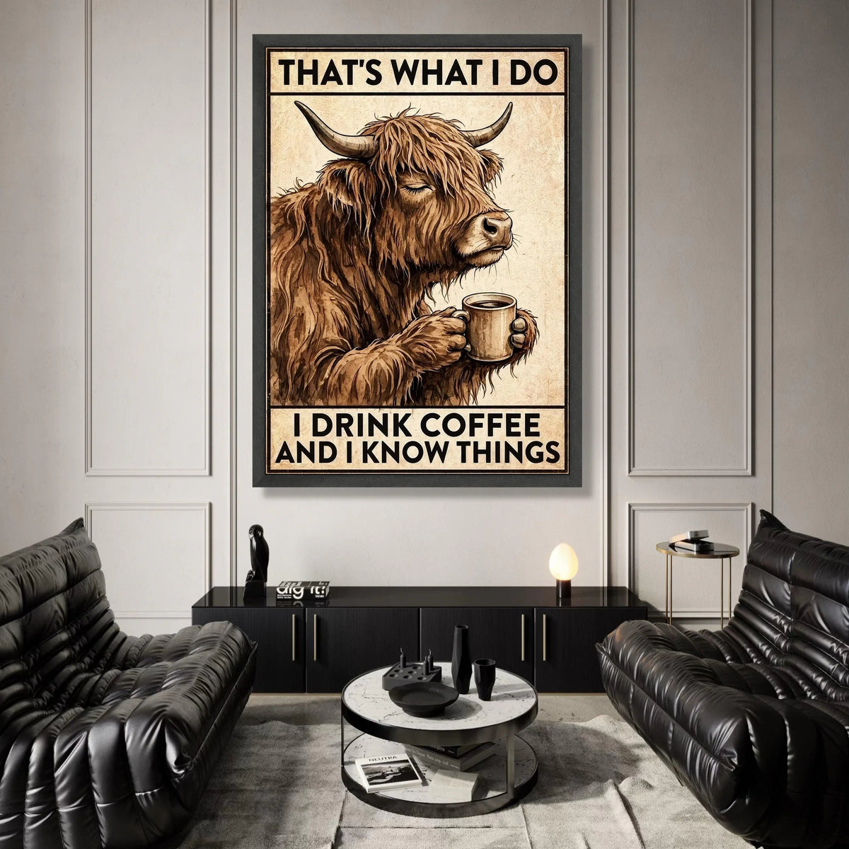Humorous Highland Cow with Coffee Cup Canvas, Funny Animal Wall Art, Rustic Kitchen Decor, Coffee Lover Canvas, Cozy Home Canvas Print Art