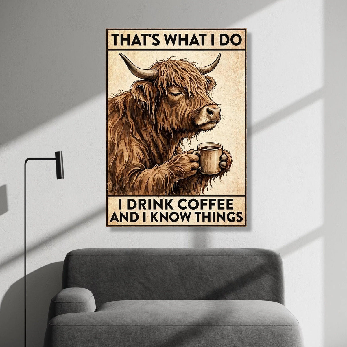 Humorous Highland Cow with Coffee Cup Canvas, Funny Animal Wall Art, Rustic Kitchen Decor, Coffee Lover Canvas, Cozy Home Canvas Print Art