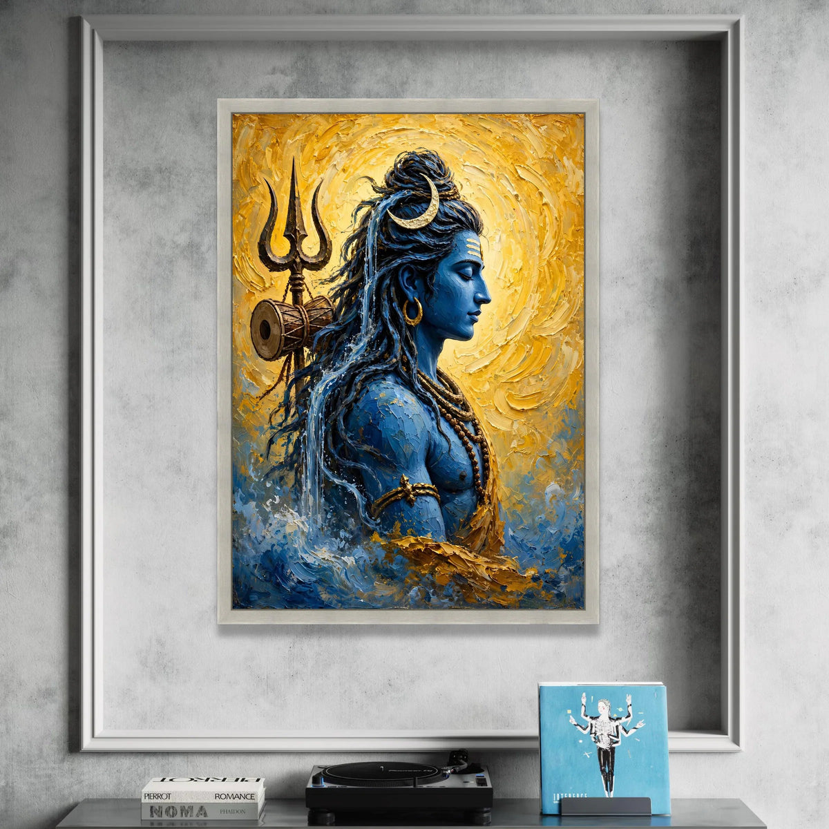 Serene Shiva Portrait Canvas, Spiritual Blue God Wall Art, Hindu Deity Illustration, Trident and Crescent Moon Design, Canvas Print Art