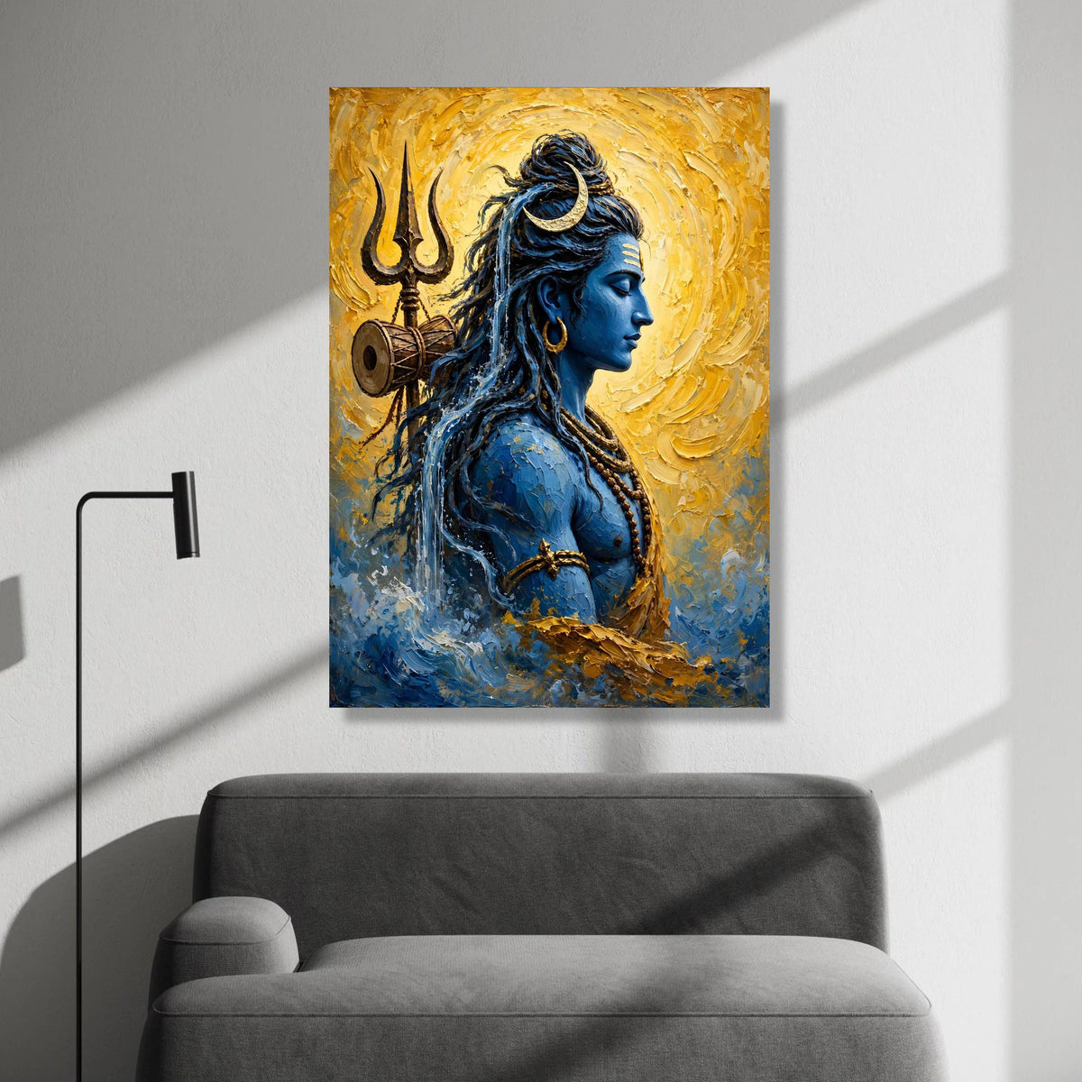 Serene Shiva Portrait Canvas, Spiritual Blue God Wall Art, Hindu Deity Illustration, Trident and Crescent Moon Design, Canvas Print Art