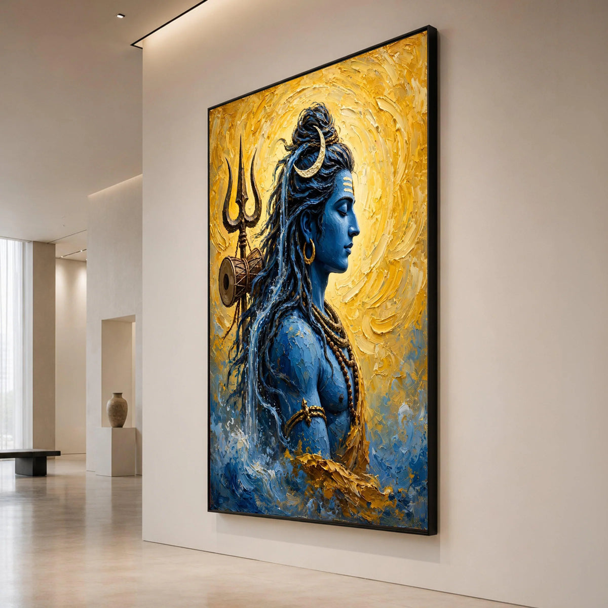 Serene Shiva Portrait Canvas, Spiritual Blue God Wall Art, Hindu Deity Illustration, Trident and Crescent Moon Design, Canvas Print Art