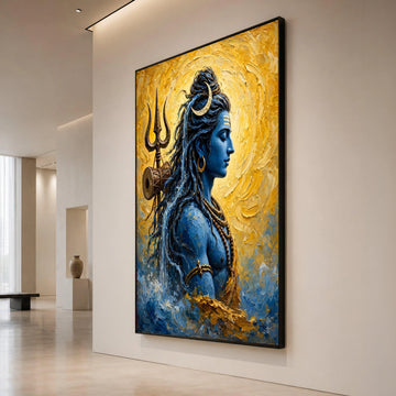 Serene Shiva Portrait Canvas, Spiritual Blue God Wall Art, Hindu Deity Illustration, Trident and Crescent Moon Design, Canvas Print Art