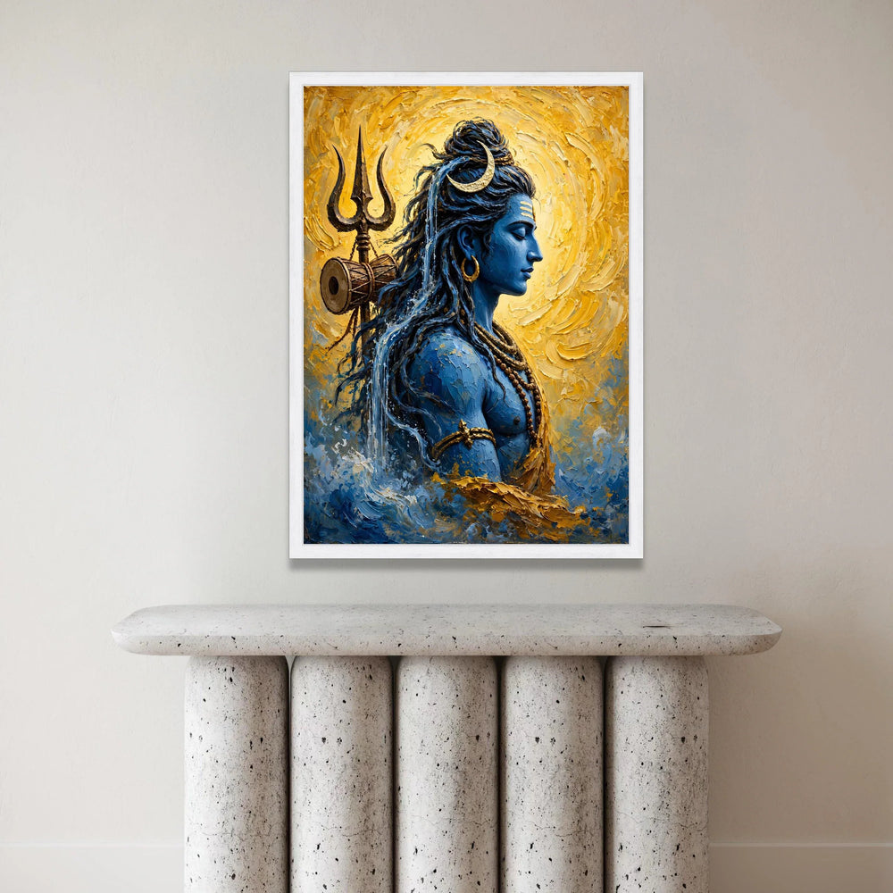 Serene Shiva Portrait Canvas, Spiritual Blue God Wall Art, Hindu Deity Illustration, Trident and Crescent Moon Design, Canvas Print Art