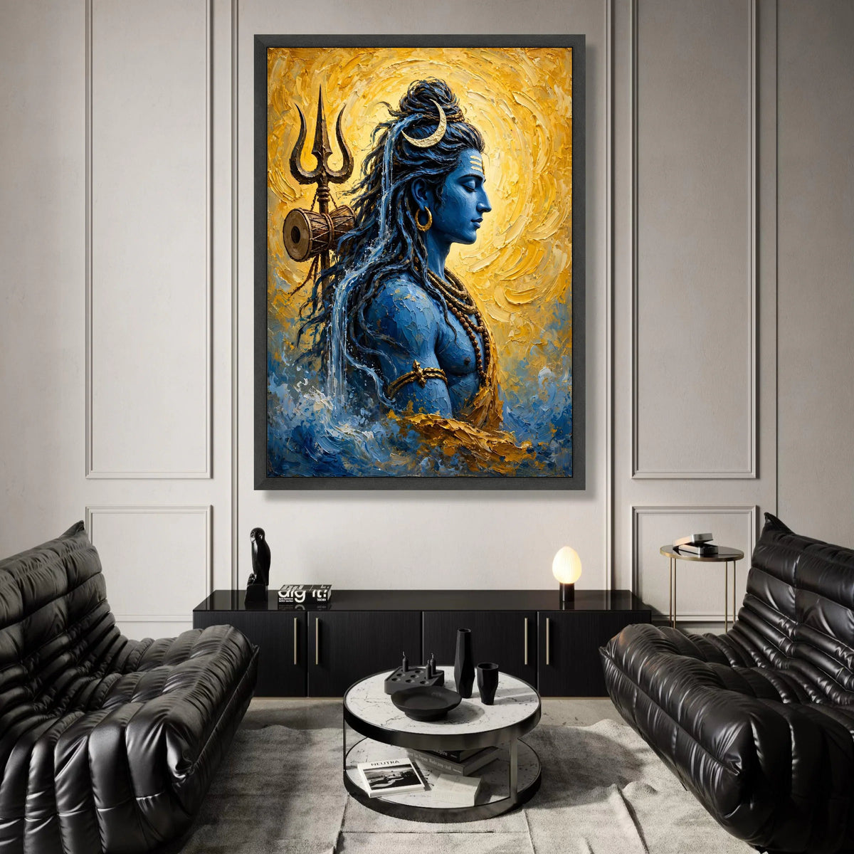 Serene Shiva Portrait Canvas, Spiritual Blue God Wall Art, Hindu Deity Illustration, Trident and Crescent Moon Design, Canvas Print Art