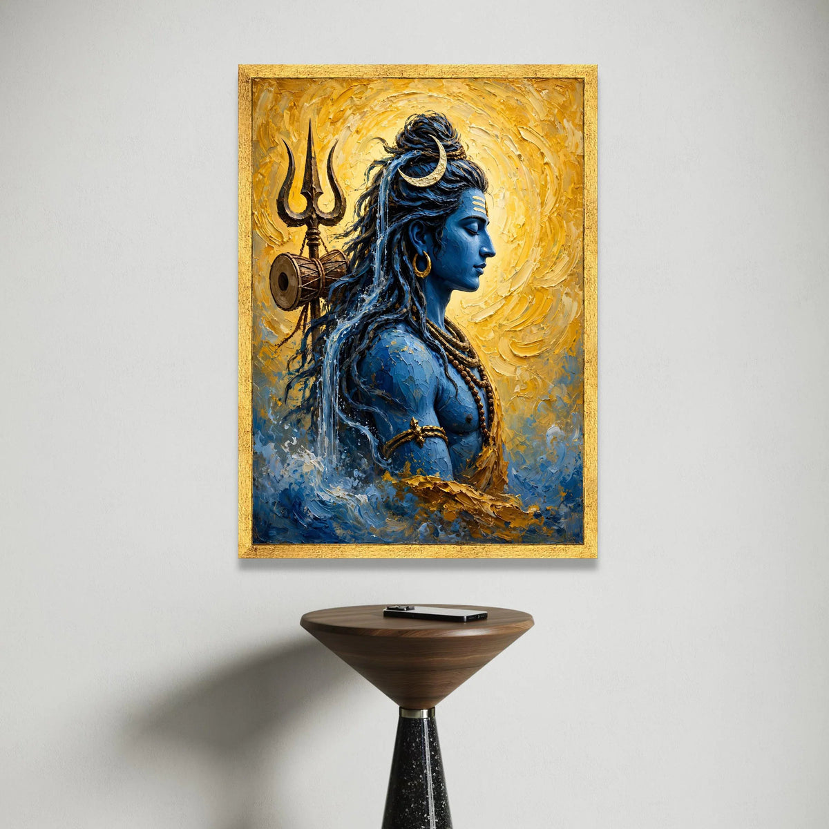 Serene Shiva Portrait Canvas, Spiritual Blue God Wall Art, Hindu Deity Illustration, Trident and Crescent Moon Design, Canvas Print Art