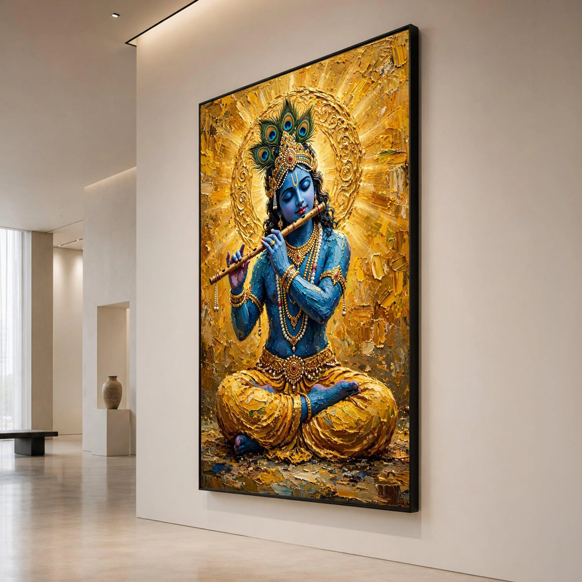 Blue Krishna Playing Flute Canvas Wall Art, Hindu God Spiritual Painting, Indian Mythology Decor, Meditative Home Wall Canvas Print Art