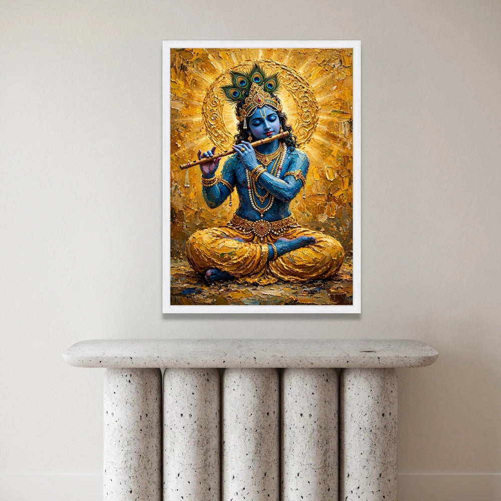 Blue Krishna Playing Flute Canvas Wall Art, Hindu God Spiritual Painting, Indian Mythology Decor, Meditative Home Wall Canvas Print Art
