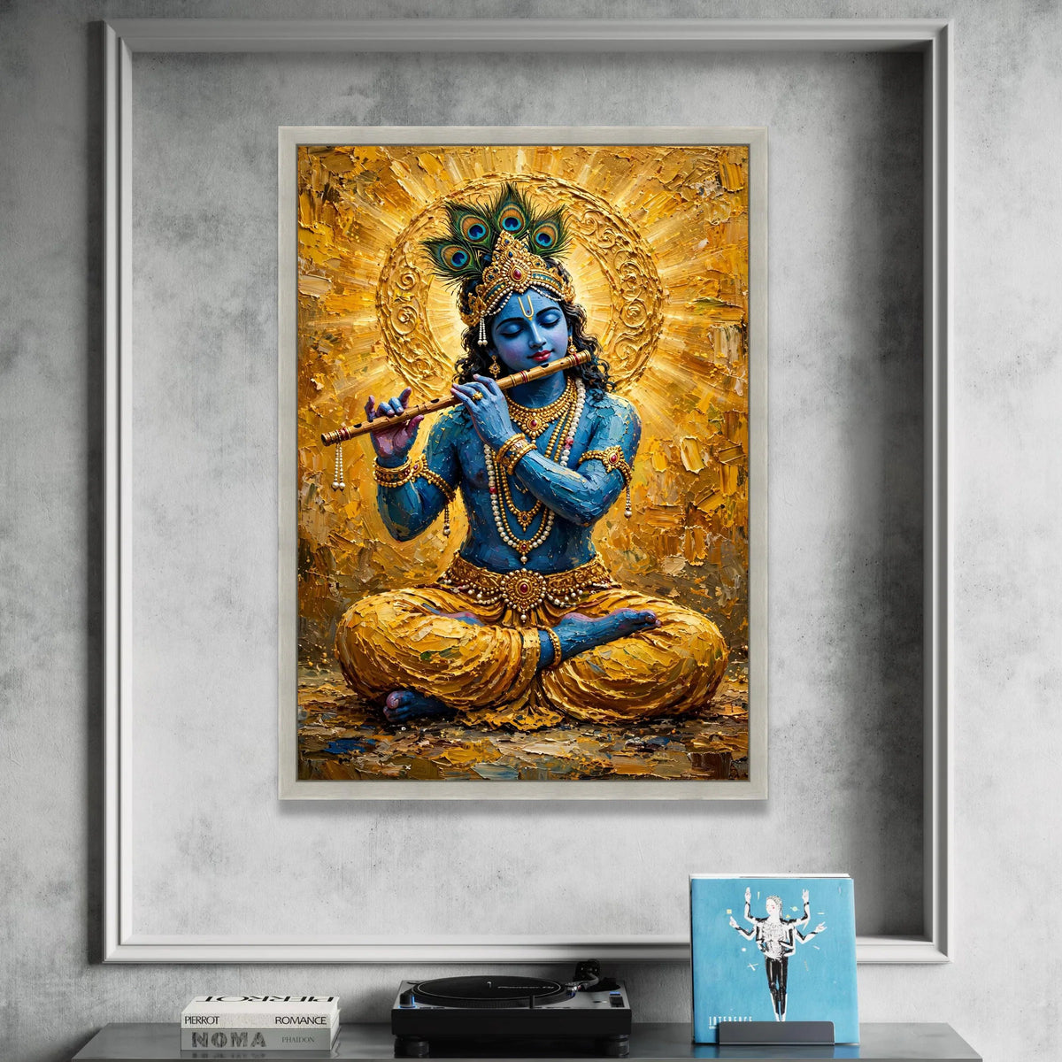 Blue Krishna Playing Flute Canvas Wall Art, Hindu God Spiritual Painting, Indian Mythology Decor, Meditative Home Wall Canvas Print Art
