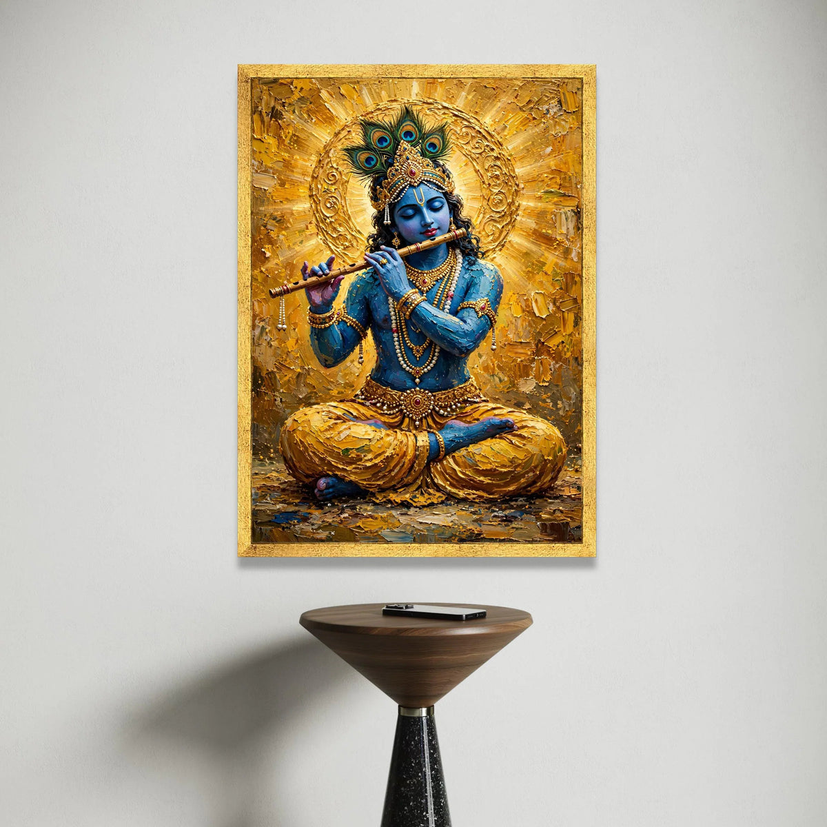 Blue Krishna Playing Flute Canvas Wall Art, Hindu God Spiritual Painting, Indian Mythology Decor, Meditative Home Wall Canvas Print Art