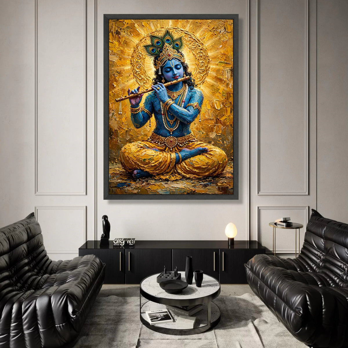 Blue Krishna Playing Flute Canvas Wall Art, Hindu God Spiritual Painting, Indian Mythology Decor, Meditative Home Wall Canvas Print Art