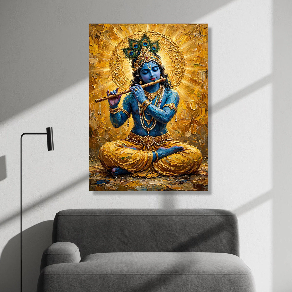 Blue Krishna Playing Flute Canvas Wall Art, Hindu God Spiritual Painting, Indian Mythology Decor, Meditative Home Wall Canvas Print Art
