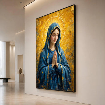 Serene Virgin Mary Canvas Wall Art, Religious Praying Woman, Blue Cloak Spiritual Painting, Golden Halo Decoration, Canvas Print Art