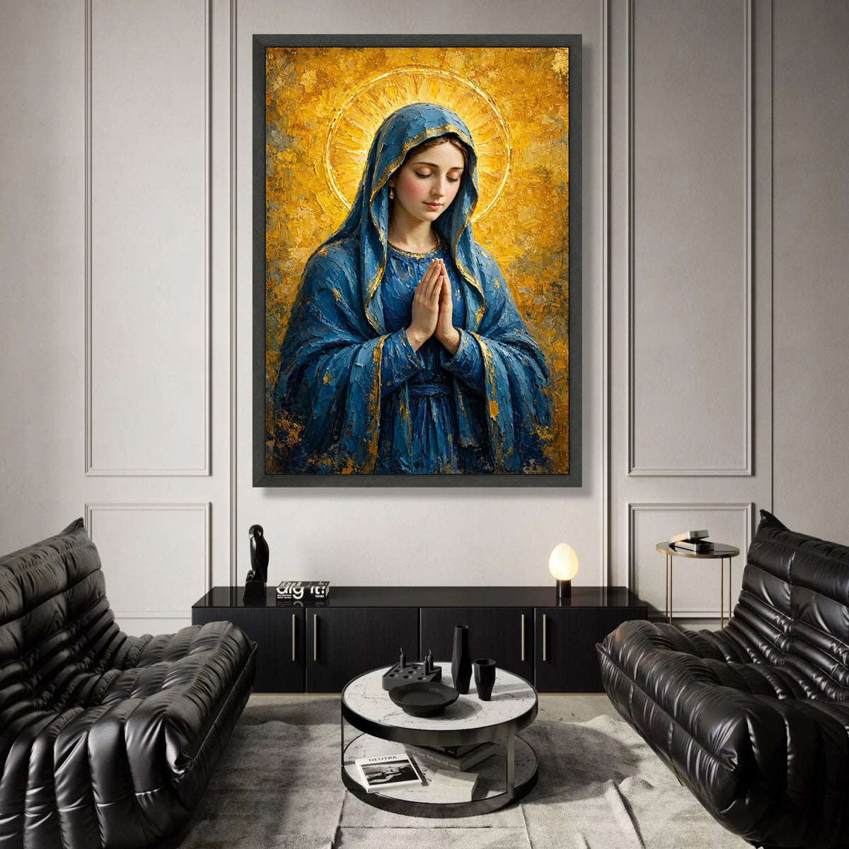 Serene Virgin Mary Canvas Wall Art, Religious Praying Woman, Blue Cloak Spiritual Painting, Golden Halo Decoration, Canvas Print Art