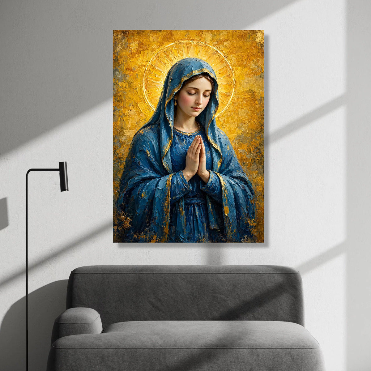 Serene Virgin Mary Canvas Wall Art, Religious Praying Woman, Blue Cloak Spiritual Painting, Golden Halo Decoration, Canvas Print Art