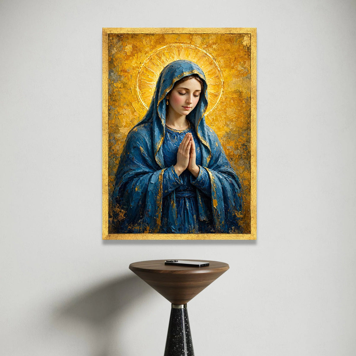 Serene Virgin Mary Canvas Wall Art, Religious Praying Woman, Blue Cloak Spiritual Painting, Golden Halo Decoration, Canvas Print Art